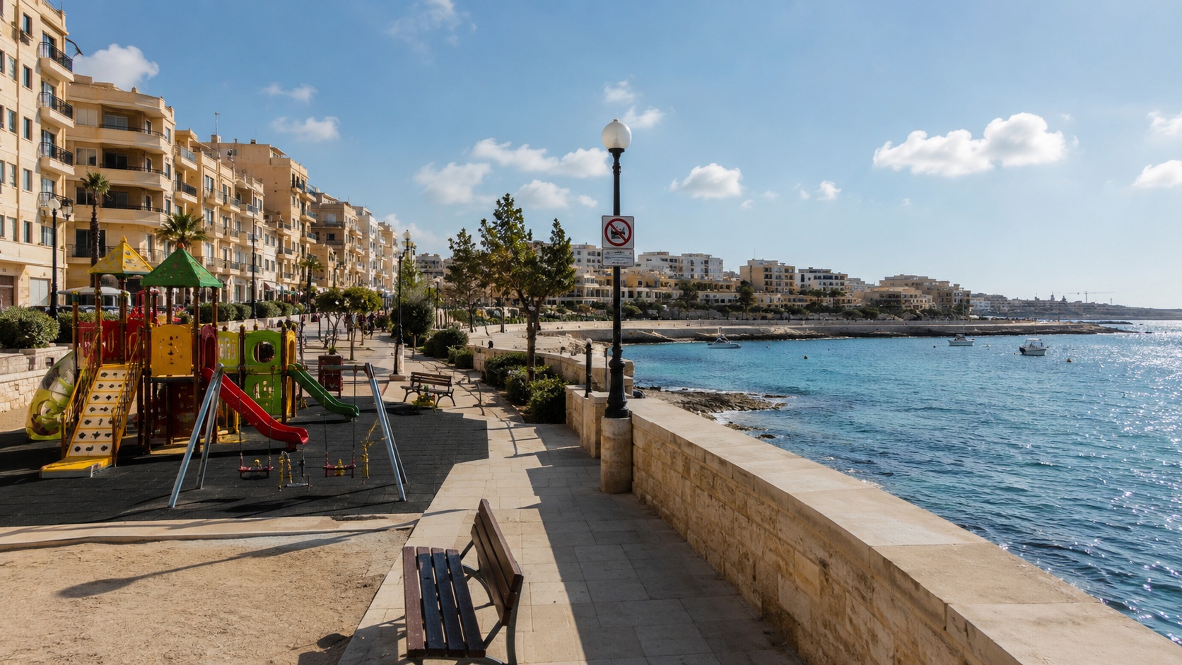 Playground overlooking a Maltese bay