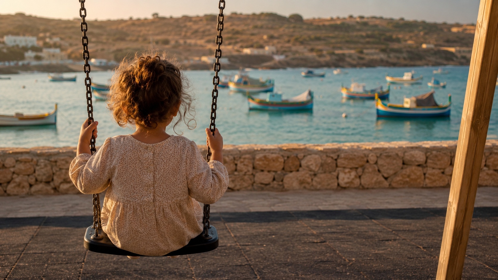 Toddler swinging near bay