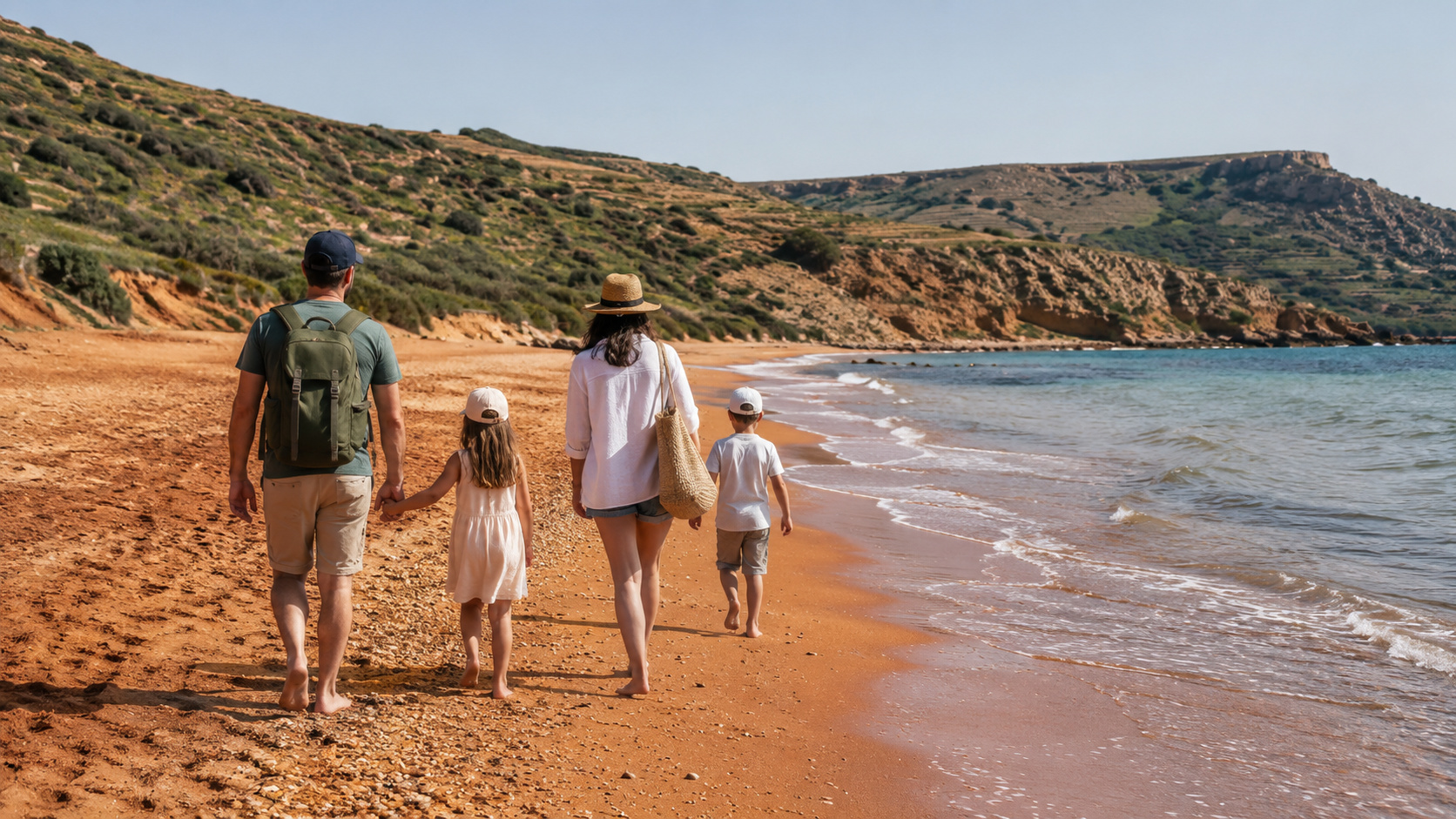 Family walking on red-gold sand